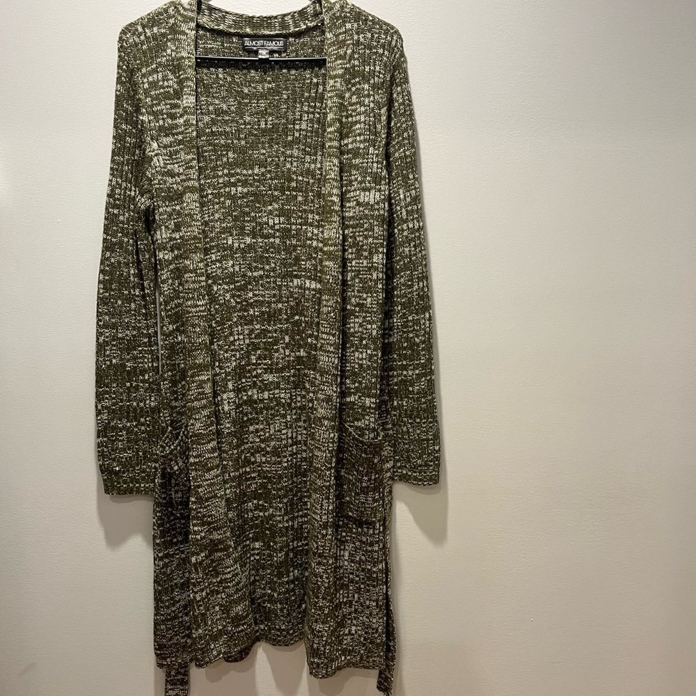 Women's Overlapping knit Cardigan below knee length,Size L,Olive/White color